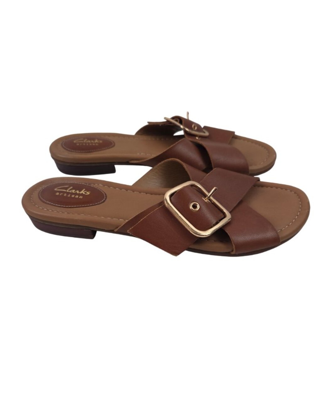 Clarks Artisan Sandals Womens 9.5 Brown Leather Straps Goldtone Buckle Flat Shoe - Picture 4 of 14